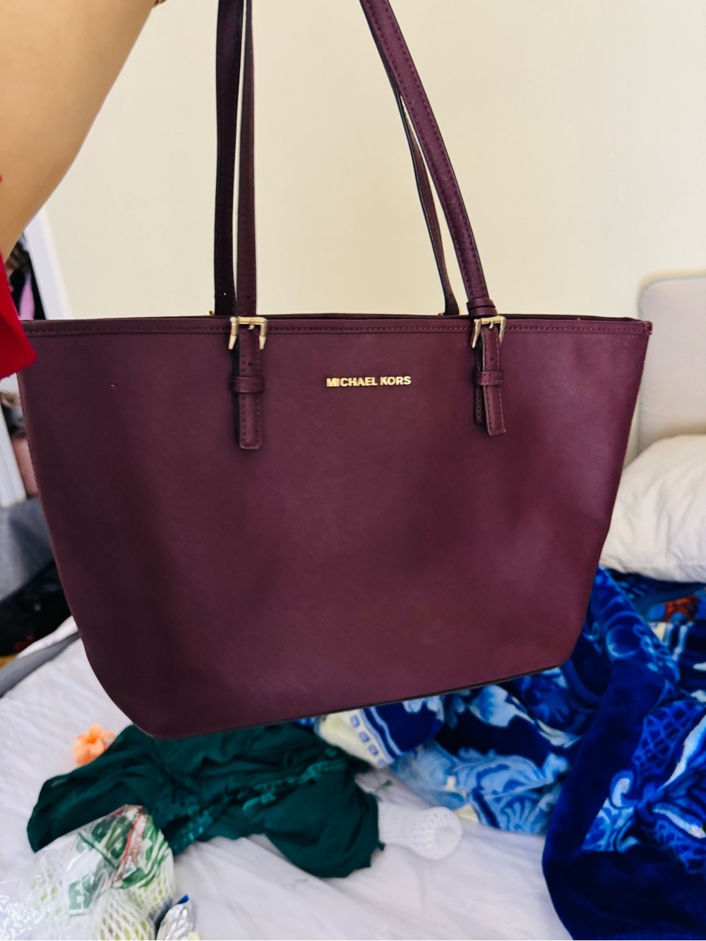 Michael Kors Burgundy Leather Tote with Gold Hardware